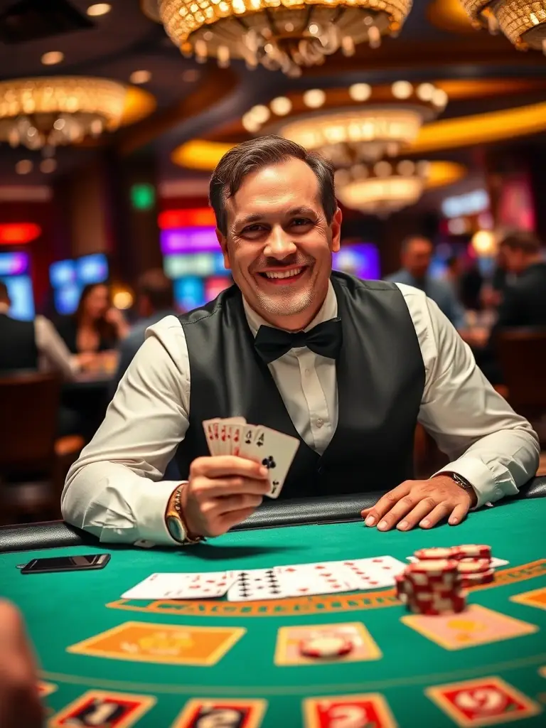 An immersive image of a live dealer expertly dealing cards in a blackjack game, with players interacting via a live video stream, creating a realistic and engaging casino atmosphere on Pin8.