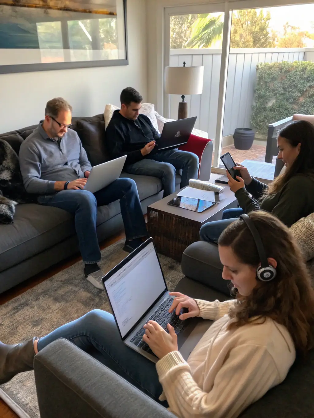 A diverse group of people happily using PIN8 on various devices, showcasing the platform's accessibility and user-friendly interface.