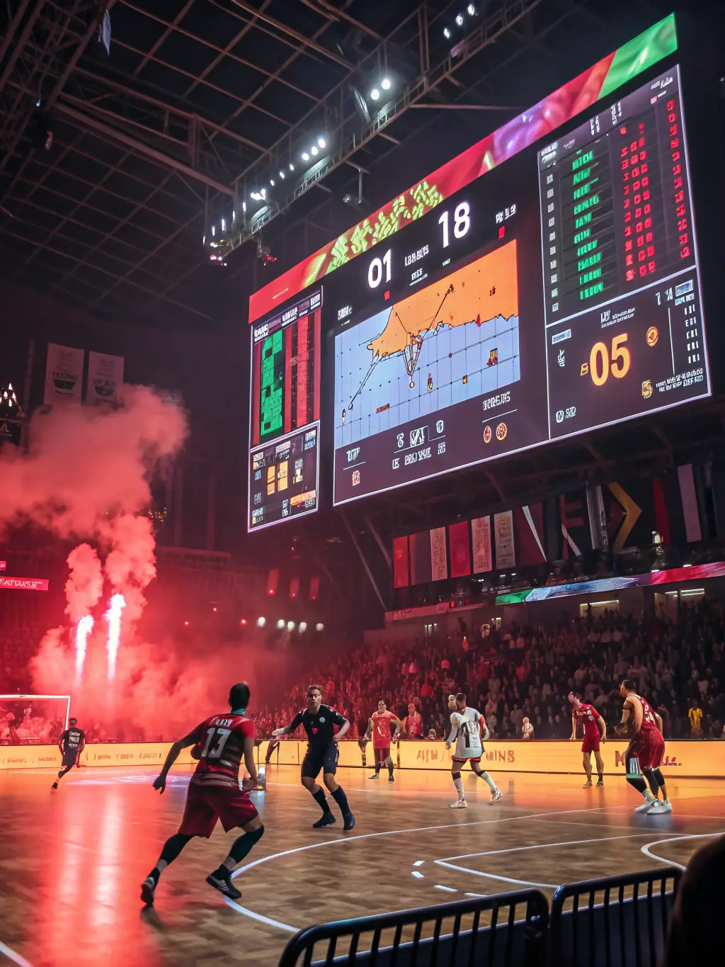 An action-packed image of a live sports event with betting odds displayed on the screen, highlighting the sports betting options available on PIN8.